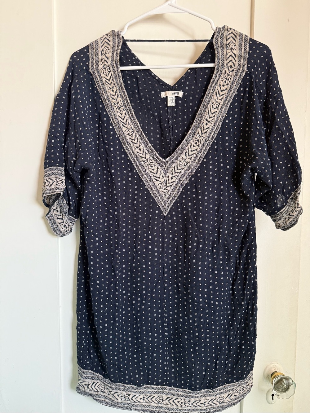 Amuse Society Navy and White Embroidered V-Neck Tunic